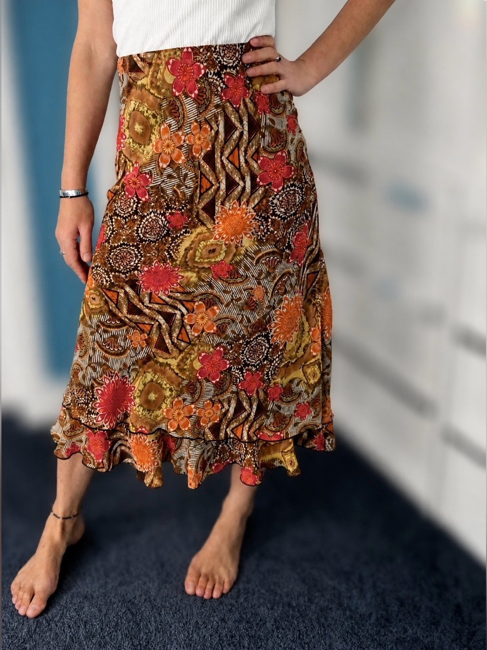 Vintage Artsy Warm-Tone Paisley & Geo Print Tiered Midi Skirt • Red Brown